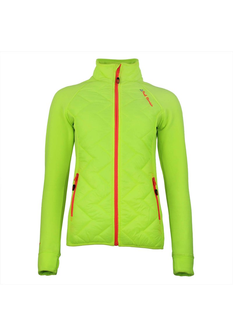 Veste matelassée vert vif avec un col haut, une fermeture éclair à l'avant et des accents orange. Elle dispose de deux poches latérales zippées. Manches longues.