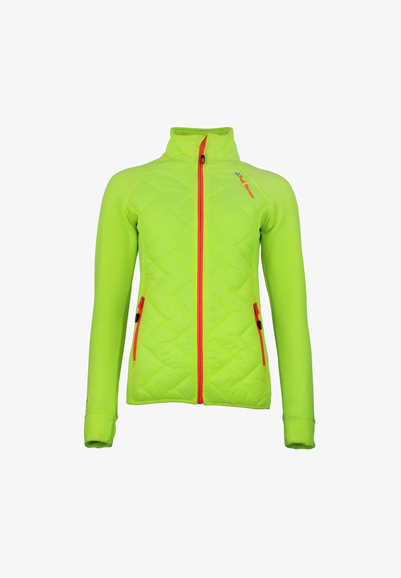 Veste matelassée vert vif avec un col haut, une fermeture éclair à l'avant et des accents orange. Elle dispose de deux poches latérales zippées. Manches longues.