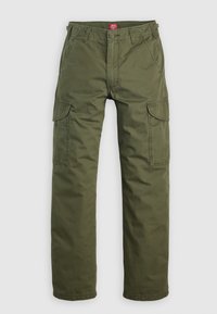 Olive green cargo pants made of durable fabric, featuring side pockets, a button closure, and a straight leg design.