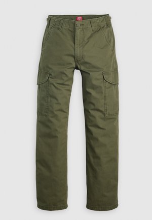 Olive green cargo pants made of durable fabric, featuring side pockets, a button closure, and a straight leg design.