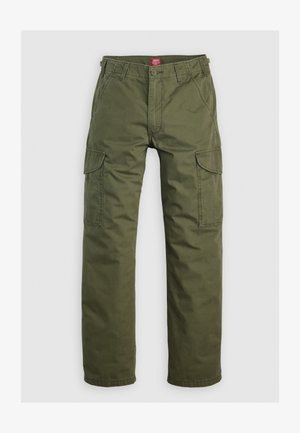 Olivgrüne Cargo-Hosen aus strapazierfähigem Material, mit Seitentaschen, Knopfverschluss und geradem Bein.