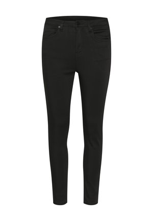 Fekete, vékony farmernadrág rugalmas denim anyagból, normál gomb- és cipzárzárással, öt zsebbel és sima, szoros illeszkedéssel.