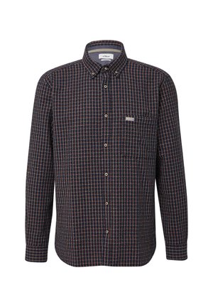 Camicia a quadri blu navy con bottoni e maniche lunghe, con taschino sul petto e sottili dettagli a contrasto in rosso e bianco.