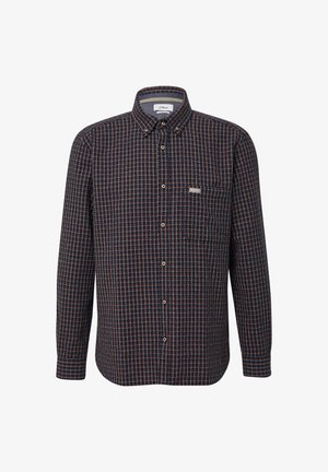 Granatowa w kratę koszula z długim rękawem z guzikami, z kieszonką na piersi i subtelnymi kontrastowymi akcentami w kolorze czerwonym i białym.