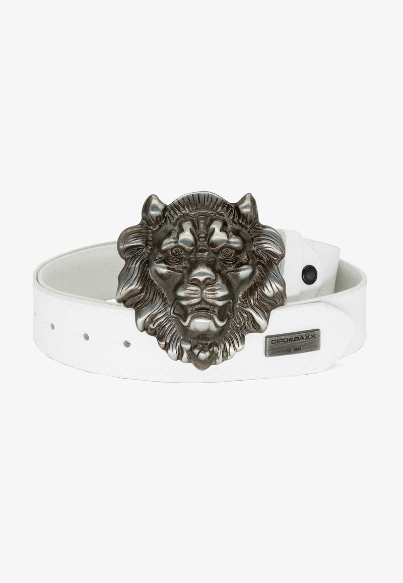 White leather belt featuring a prominent metallic lion head buckle with intricate detailing and a textured pattern on the strap.