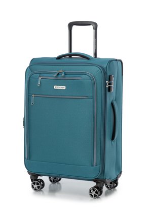 Teal soft-sided suitcase with a zippered front pocket, black hardware, four spinner wheels, and a retractable handle. Textured fabric exterior.