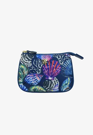 Marineblaues Täschchen mit Reißverschluss, das bunte Muschel- und Korallenmuster aufweist. Goldener Stern-Akzent auf der Vorderseite. Hergestellt aus strapazierfähigem Stoff.