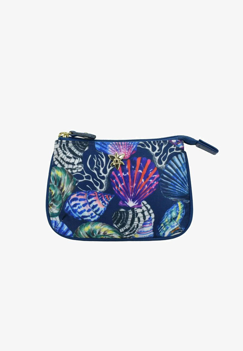 Navy pouch with a zipper, featuring colorful shell and coral patterns. Gold star accent on the front. Made from durable fabric.