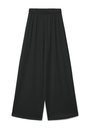 Pantaloni neri a gamba larga con vita elastica e vestibilità ampia, mostrati distesi su sfondo bianco.