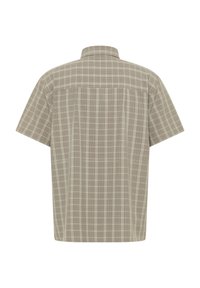 Kortärmad rutig skjorta i beige och bruna nyanser, med klassisk krage och en bakficka för extra komfort.