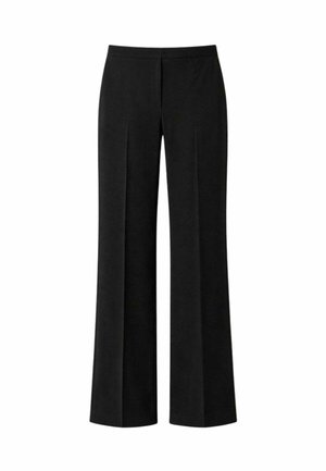 Pantaloni da donna neri a gamba dritta con pieghe anteriori e vita aderente, mostrati distesi su uno sfondo bianco.