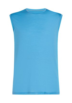 Camisa sin mangas de color azul, hecha de un tejido suave, que presenta un escote redondo y una textura lisa y uniforme sin patrones ni adornos.