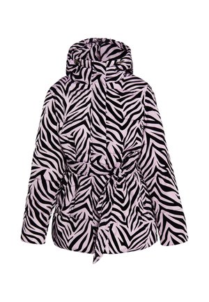 Zebra-patterned puffer jacket in pink and black, featuring a belted waist, hood, and quilted texture for insulation.