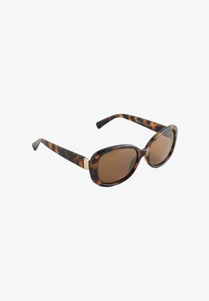 Okulary przeciwsłoneczne w kolorze muszli żółwia z brązowymi soczewkami, owalną oprawką i złotym akcentem na zawiasach. Gładki plastikowy materiał na całej powierzchni.