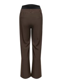 Brown trousers with a flared shape, elastic black waistband, and two back pockets. Smooth fabric with no visible patterns or accents.