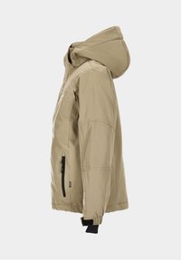 Beige Outdoor-Jacke mit Kapuze, ausgestattet mit einem frontalen Reißverschluss, seitlichen Taschen und elastischen Bündchen. Glatte Textur und lässiges Design.