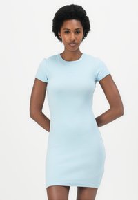 Light blue bodycon dress made of stretchy fabric, featuring short sleeves, a round neckline, and a small logo accent on the chest.
