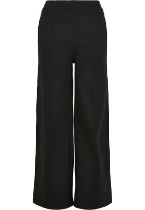 Pantalones anchos negros hechos de una tela suave, con una cinturilla elástica y costuras en contraste a lo largo de las costuras.