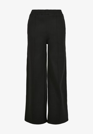 Črne široke hlače iz mehkega blaga, z elastičnim pasom in kontrastnim šivanjem po šivih.
