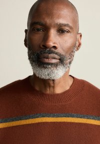 Brown knitted sweater featuring a ribbed neckline, with gray and yellow horizontal stripes across the chest. Close-up of a bearded man.
