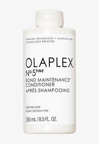 Vit plastflaska med skruvkork. Svart text inkluderar "OLAPLEX No.5 Fine Bond Maintenance Conditioner" och produktinformation. 250 mL.
