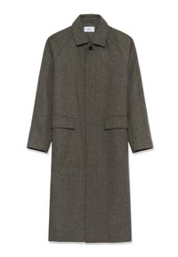 Cappotto lungo grigio a motivo houndstooth con colletto, maniche a raglan e due tasche frontali. Il tessuto ha una finitura testurizzata e una chiusura con bottoni sul collo.