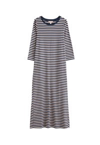 Pruhované šaty v námořnické modři a krémové barvě s kulatým výstřihem a tříčtvrtečním rukávem. Vyrobené z měkké, lehké tkaniny, mají volný střih.