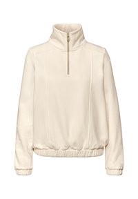 Jasnobeżowy polarowy pulower z wysokim kołnierzem, zamkiem na pół długości i elastycznym obszyciem na dole oraz przy mankietach. Posiada subtelne przeszycia na panelach.