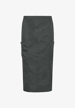 Jupe gris foncé à coupe droite, fabriquée dans un tissu léger. Elle dispose d'une fermeture à bouton et de poches latérales pour une fonctionnalité supplémentaire.