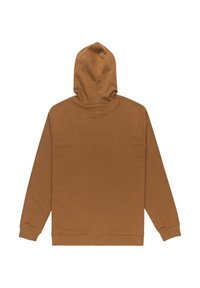 Hnedá mikina s kapucňou, bavlnený materiál, dlhé rukávy, predné vrecko, rebrované manžety a lem, hladká textúra, jednoduchý dizajn.