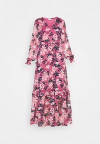 Lång rosa blommig klänning med V-ringning, långa genomskinliga puffärmar, insydd midja och tierad volangkjol.