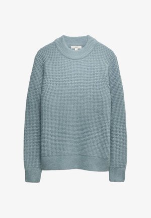 Lichtblauwe gebreide trui met een geribde ronde hals, voorzien van een gestructureerd patroon en geribbelde manchetten en zoom.