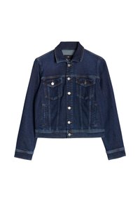 Ciemnoniebieska kurtka dżinsowa z klasycznym kołnierzem, zapięciem na guziki z przodu, dwoma kieszeniami na piersi oraz bocznymi kieszeniami. Charakteryzuje się widocznym przeszyciem i krótkim krojem.