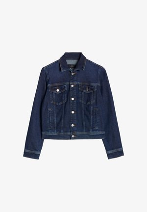 Mørkeblå denimjakke med klassisk krave, knappelukning foran, to brystlommer og sidelommer. Har synlige stikninger og en cropped pasform.