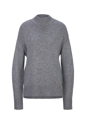 Pull tricoté gris à manches longues avec col et poignets côtelés hauts, ourlet côtelé et petit logo doré de la marque sur le bas devant.