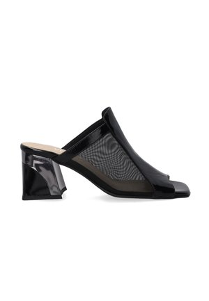 Black patent leather open-toe mules with a structured mesh panel, showcasing a unique angled block heel and smooth finish.