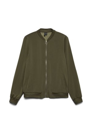 Olivgrüne Bomberjacke mit Frontreißverschluss, geripptem Kragen und Bündchen. Sie verfügt über Seitentaschen und eine glatte Stofftextur.