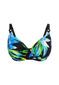Černý bikini top s velkým květinovým vzorem v modré a zelené barvě, se zavazovacími černými ramínky a kovovými detaily ve tvaru kruhu.