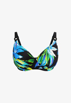Zwarte bikinitop met een groot, blauw en groen bloemenpatroon, voorzien van verstelbare zwarte bandjes en een cirkelvormige hardware-accent.