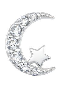 Ciondolo a forma di luna crescente in argento, decorato con cristalli rotondi trasparenti e un dettaglio a forma di stella, caratterizzato da una finitura lucida e un design curvo.