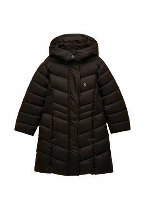 Black long padded winter coat with hood, front zipper, snap button closure, and side ribbed panels for added fit.