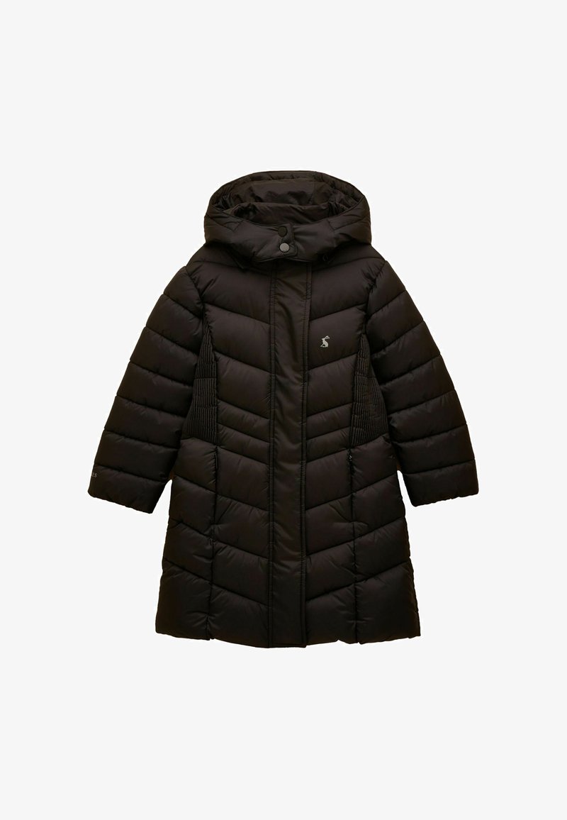 Czarna długa pikowana zimowa kurtka z kapturem, z przodu zamek błyskawiczny, zapięcie na zatrzaski oraz boczne paneli z prążkowanego materiału dla lepszego dopasowania.