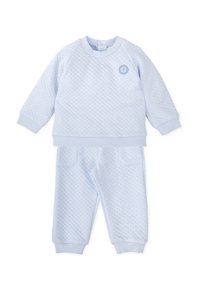 Conjunto de sudadera de algodón azul claro con tejido texturizado. Incluye una camiseta de cuello redondo de mangas largas y pantalones a juego con bolsillos.