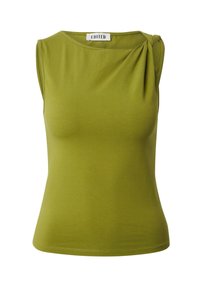 Olijfgroene mouwloze top met een ronde hals, voorzien van een draai-detail op de schouder en gemaakt van gladde, rekbare stof.