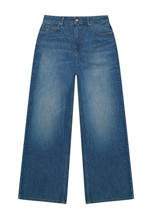 Blaue Denim-Jeans mit weitem Bein, vorderen Taschen, Gürtelschlaufen, Knopfverschluss und dezenten Ausbleicheffekten an den Oberschenkeln.
