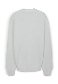 Maglione bianco lavorato a maglia con maniche lunghe, polsi a coste e scollatura rotonda. Il tessuto presenta una finitura leggermente testurizzata.