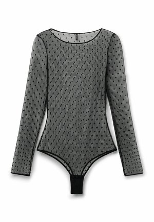 Black sheer long-sleeve bodysuit with polka dot pattern, round neckline, and snap fasteners at the crotch.