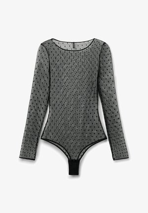Sort gennemsigtig bodystocking med lange ærmer, prikket mønster, rund halsudskæring og trykknapper ved skridtet.