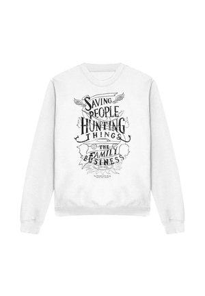 White sweatshirt with black text and design reading "Saving People Hunting Things The Family Business" with stylized wings and silhouettes.