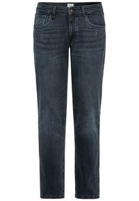 Dunkelblaue Jeans aus Denim mit geradem Schnitt, klassischem Fünf-Taschen-Design, robusten Nähten und einem Knopfverschluss an der Taille.